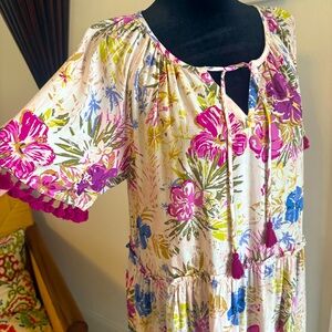 MATILDA JANE Enchanted Garden Purple Palm Print Tier Skirt Dress! Tassel & Poms